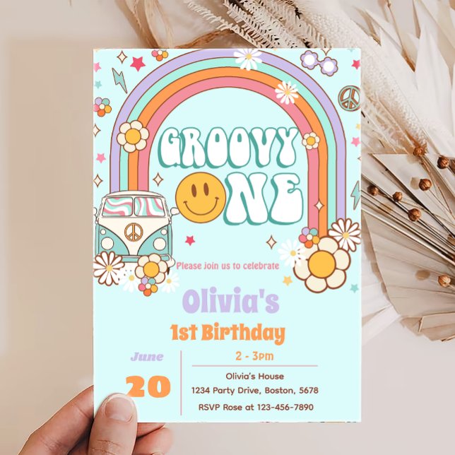 Groovy One Rainbow Flower Invitación de cumpleaños (Subido por el creador)