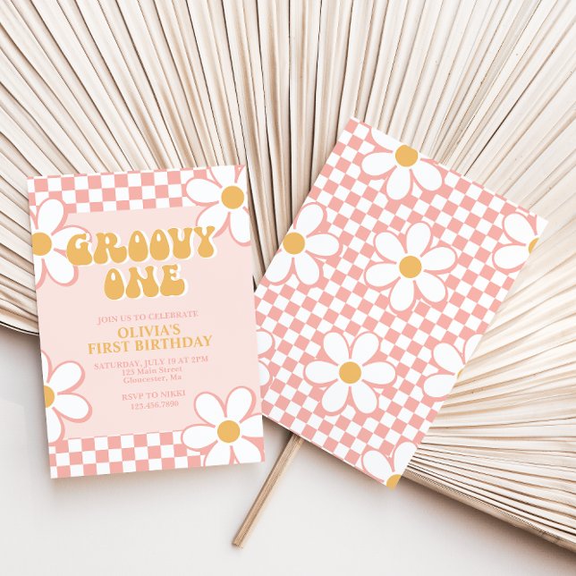 Groovy One Retro Check Pink Daisy Invitación (Subido por el creador)
