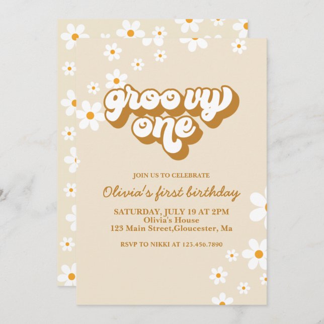 Groovy One Retro Daisy Invitación de primer cumple (Anverso / Reverso)