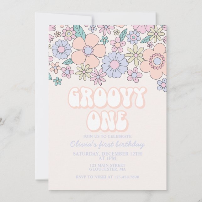 Groovy One Retro Floral 1ª invitación de cumpleaño (Anverso)