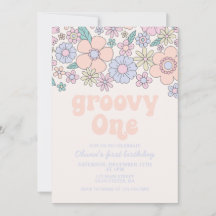 Groovy One Retro Floral 1ª invitación de cumpleaño