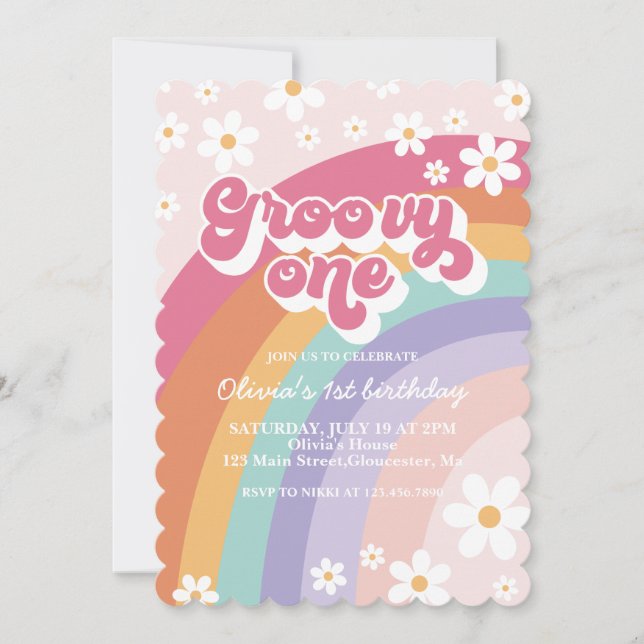Groovy One Retro Rainbow 1er cumpleaños invitación (Anverso)