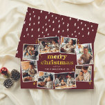 Groovy Red & Gold Feliz Navidad 8 Collage de fotos<br><div class="desc">Celebre la temporada con esta tarjeta de Navidades groovys, que incluye ocho fotos personalizados dispuestas en forma ovalada alrededor del borde de la tarjeta, con espacio para una variedad de orientaciones de imagen. Cada imagen tiene su propio marco blanco, para hacer que las fotos destaquen contra el fondo rojo profundo....</div>