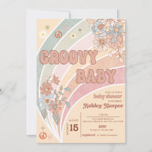 Groovy Retro 70 | Invitación a Baby Shower con arc (Anverso)