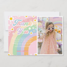 Groovy Retro Daisy Rainbow Birday Tarjeta de agrad