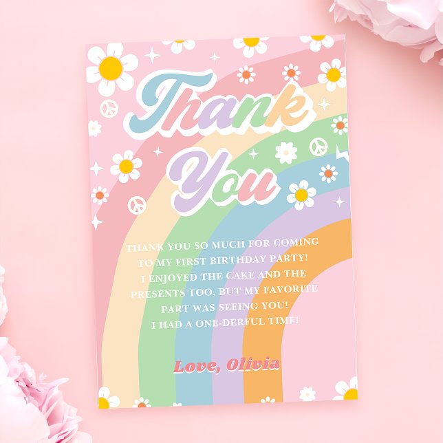 Groovy Retro Daisy Rainbow Birday Tarjeta de agrad (Subido por el creador)