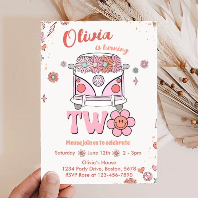 Groovy Retro Flores Rosa Invitación al segundo cum (Subido por el creador)