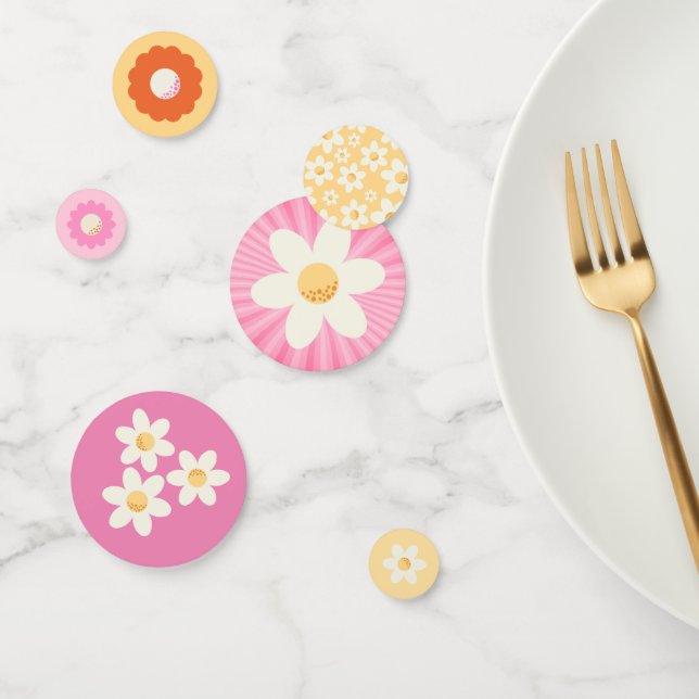 Groovy Retro Pink Daisy Table Confetti - Boho 1. (Grupo)