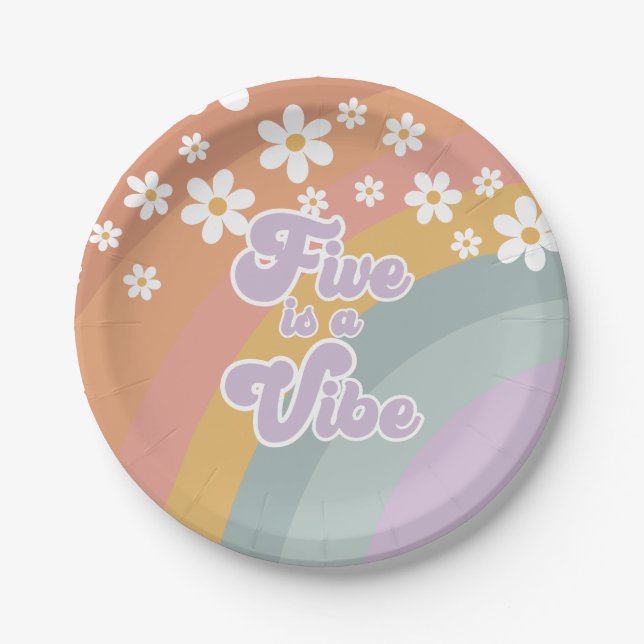 Groovy Retro Rainbow Five es un plato de papel Vib (Anverso)