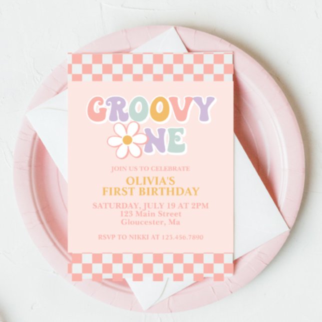 Groovy Un Chica Retro Invitación a primer cumpleañ (Subido por el creador)