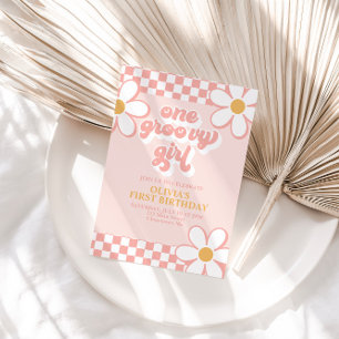 Groovy Un Chica Retro Invitación a primer cumpleañ