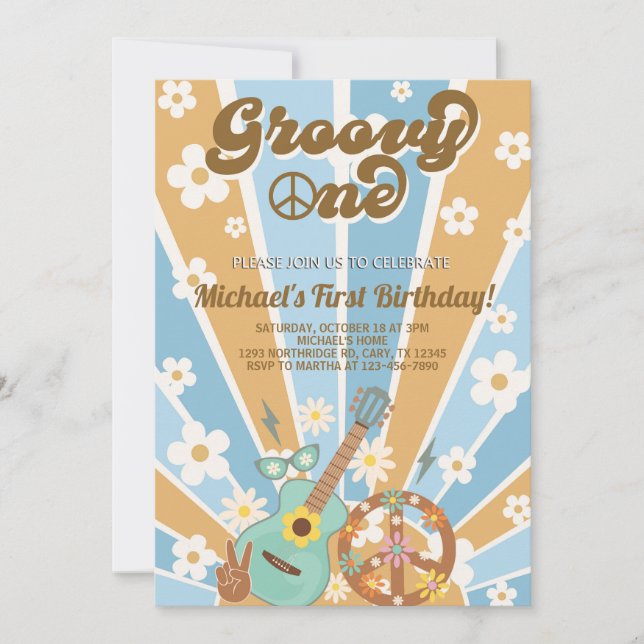 Groovy Un niño 1ª invitación de primer cumpleaños. (Anverso)