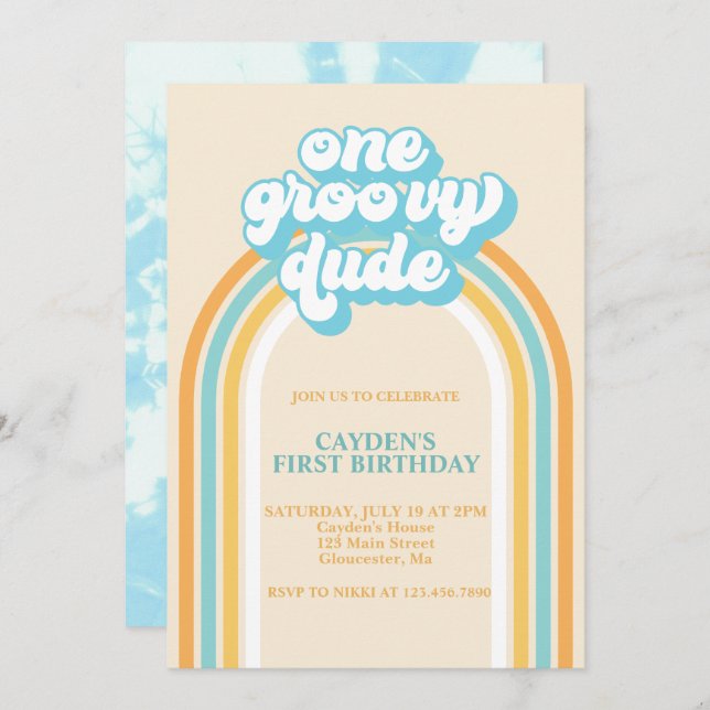Groovy Una Invitación De Primer Cumpleaños De Un N (Anverso / Reverso)