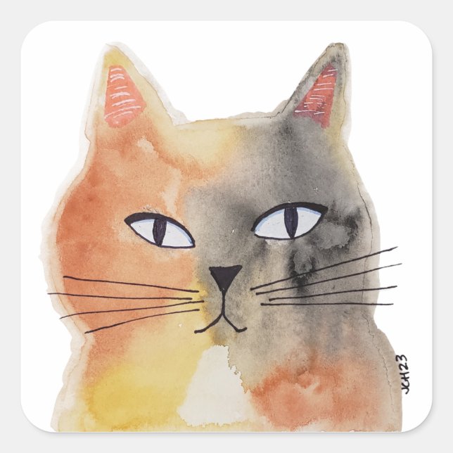 Groovy Watercolor Cat Art Pegatina (Anverso)