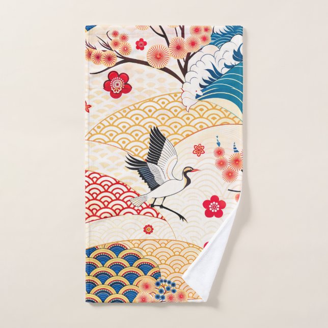Grulla Japonesa y Olas de Flor de Cerezo (Toalla de mano)
