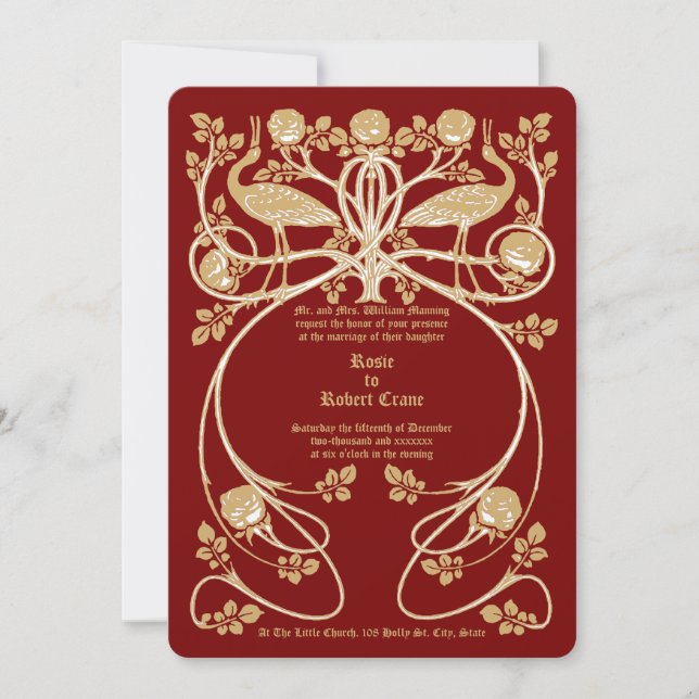 Grullas de Art Nouveau en la invitación a la boda  (Anverso)