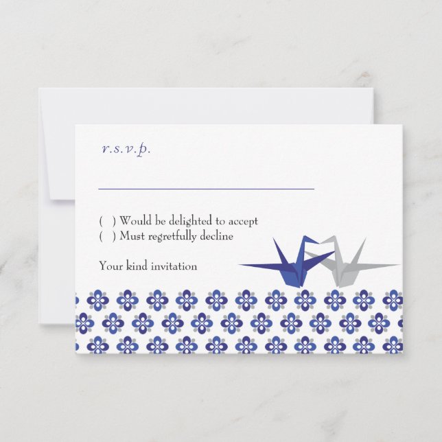 Grullas de origami de Navy / Plata RSVP de boda (Anverso)