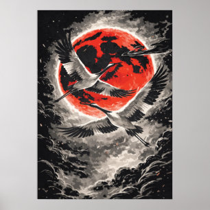 Grullas volando en luna roja - Arte japonés