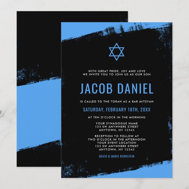 Grunge Blue Black Bar Mitzvah Invitaciones (Anverso / Reverso)