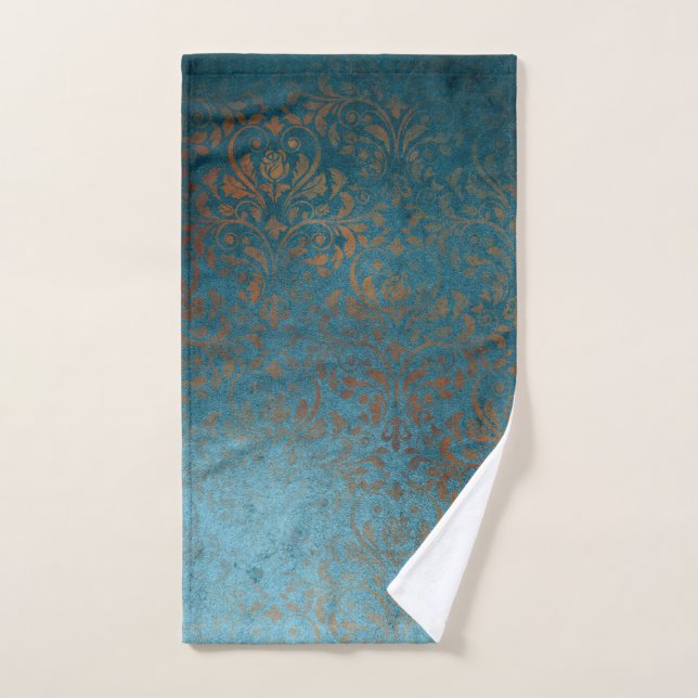Grunge Boho Copper Blue Damask (Toalla de mano)