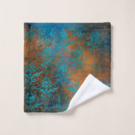 Grunge Boho Copper Blue Floral Damask