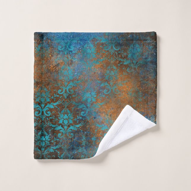 Grunge Boho Copper Blue Floral Damask (Toallita)