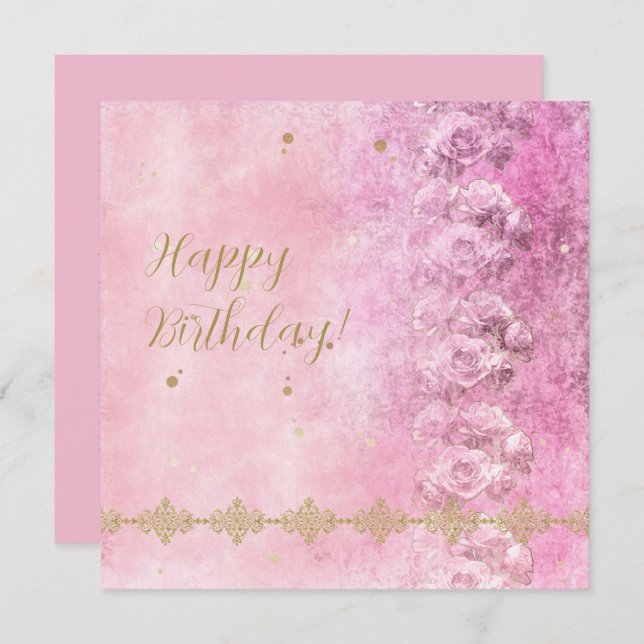 Grunge de damasco rosa Roses - Tarjeta de felicita (Anverso / Reverso)