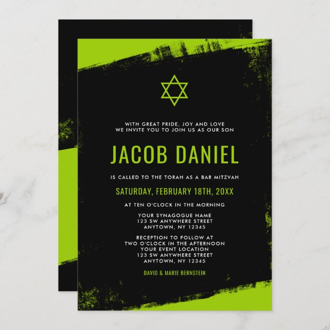 Grunge Lime Green Black Bar Mitzvah Invitaciones (Anverso / Reverso)