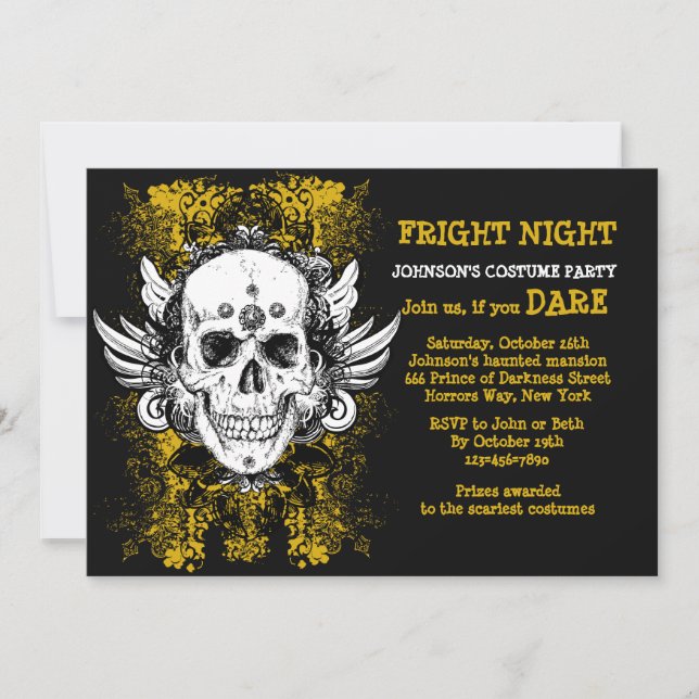 Grunge Skull Fright Night Invitación negra (Anverso)