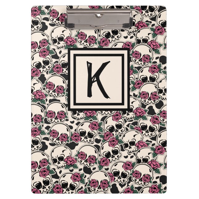 Grunge Skull y Rosas Monogramado Portapapeles (Anverso)