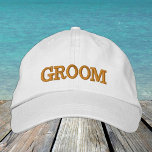 GRUPO bordado gorra de béisbol oro / blanco<br><div class="desc">Gorras con bordado: gorra de béisbol de moda blanca / dorada clásica con texto "GROOM" para la fiesta de soltero / fiesta de ropa,  boda,  fiesta de disfraces vestido / noche fuera</div>