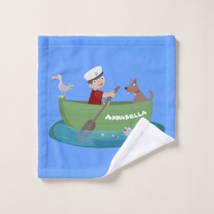 Guapo marinero niño y perro remando barco dibujo a