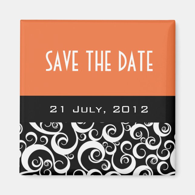 Guardar imanes de Boda de fechas en Swirls Naranja (Frente)