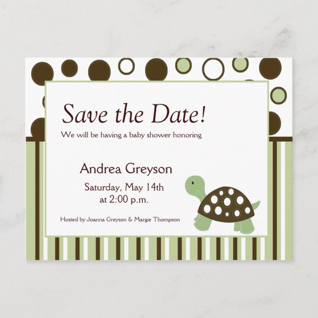 GUARDAR LA FECHA Baby Shower Mod Dot Turtle Postal (Anverso)