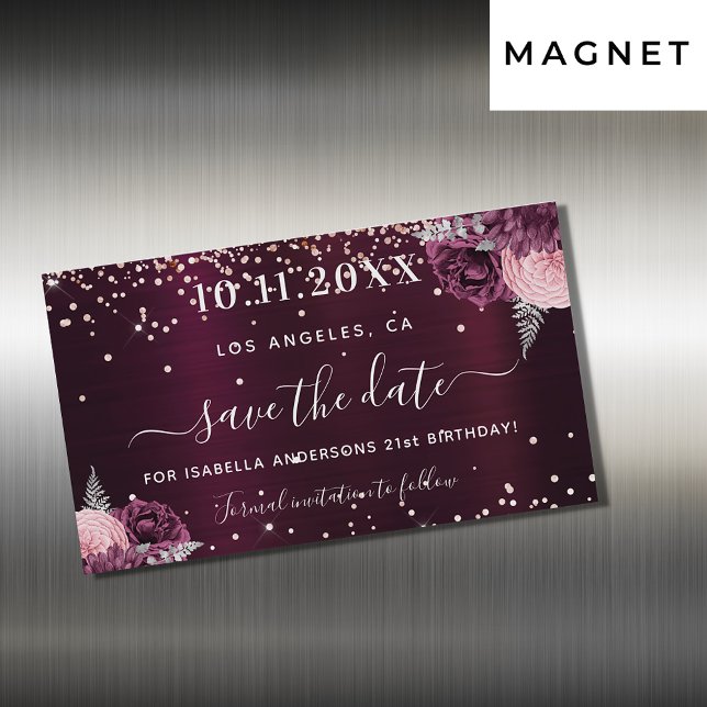 Guardar la fecha cumpleaños burgundy imán floral (Subido por el creador)
