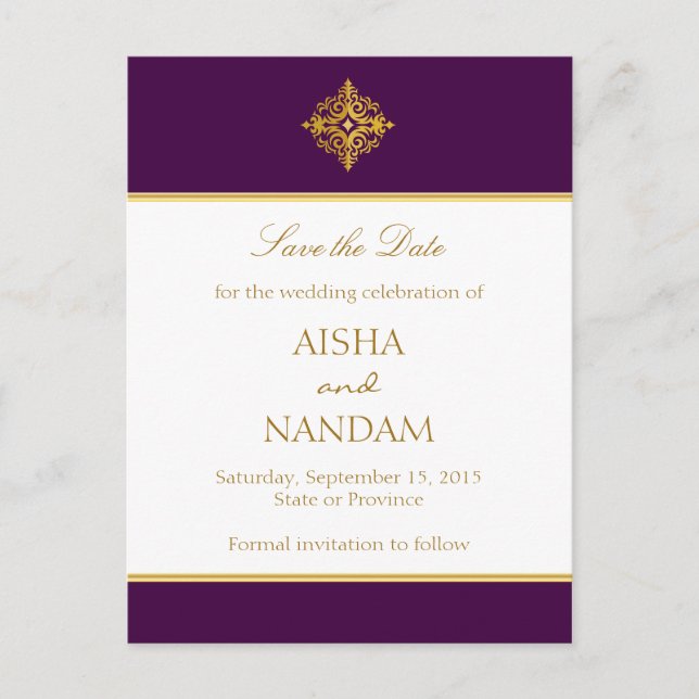 Guardar la fecha de la postal oro y púrpura (Anverso)