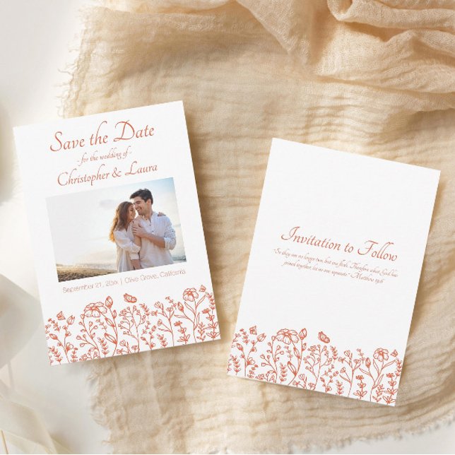 Guardar la fecha de las tarjetas de boda Verona Su (Save the Date Wedding Cards Verona Sunset Orange Flowers and Butterflies)