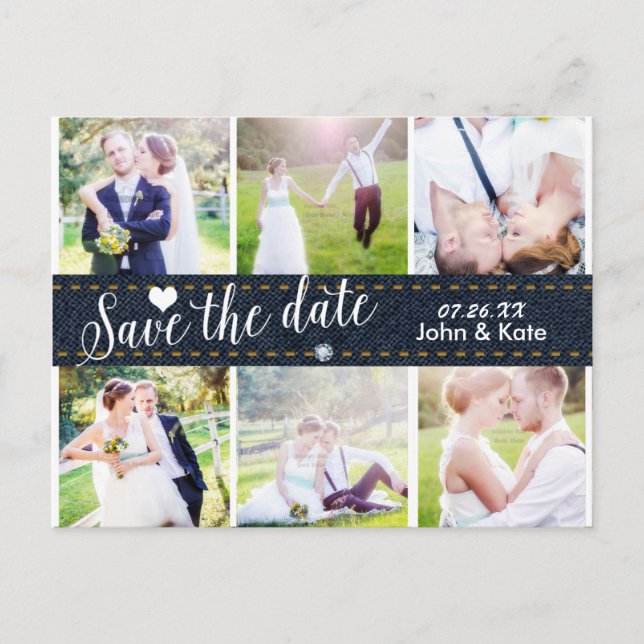 GUARDAR LA FECHA Denim Boda 6 Tarjeta Postal FOTO (Anverso)