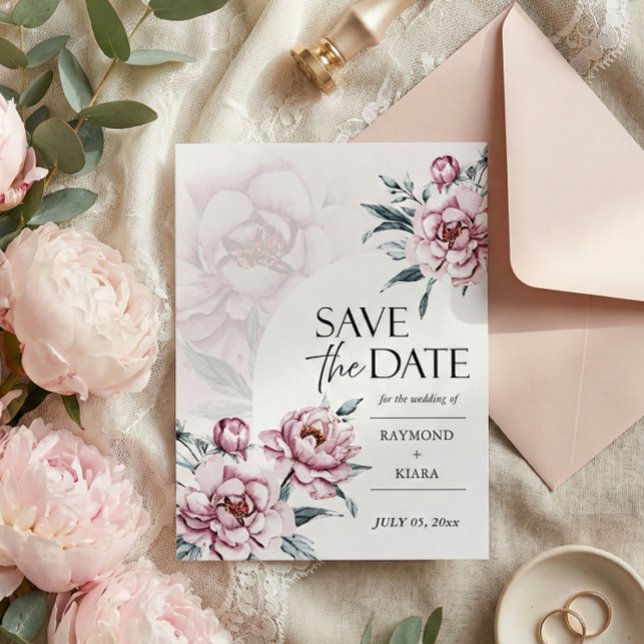 Guardar La Fecha Dusky Invitación A La Boda Peony  (watercolor pink peony save the date postcard in modern script calligraphy)