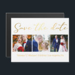 guardar la fecha imán de collage de fotos de boda<br><div class="desc">elegante y elegante guardar la fecha,  caligrafía dorada minimalista,  boda tres imanes de collage de fotos.</div>