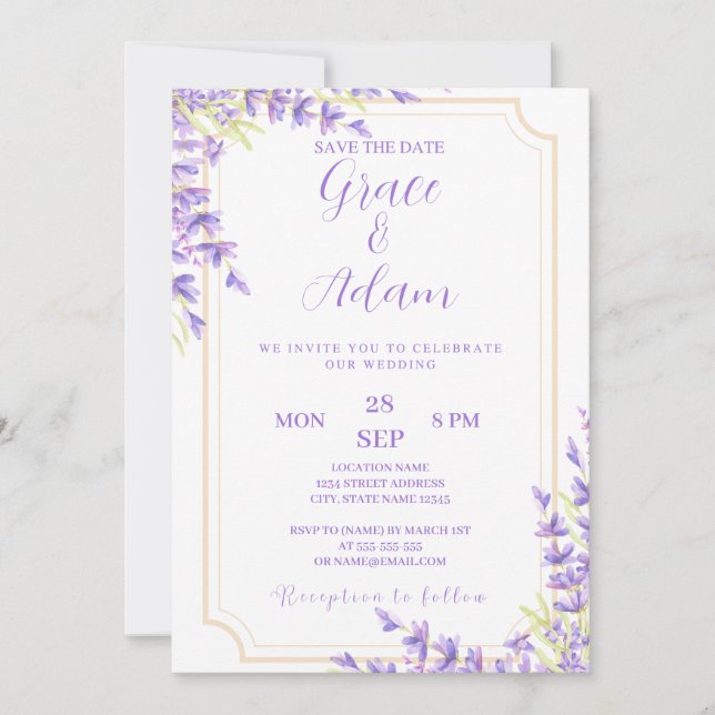 Guardar la fecha invitación a la boda Lavander púr (Anverso)