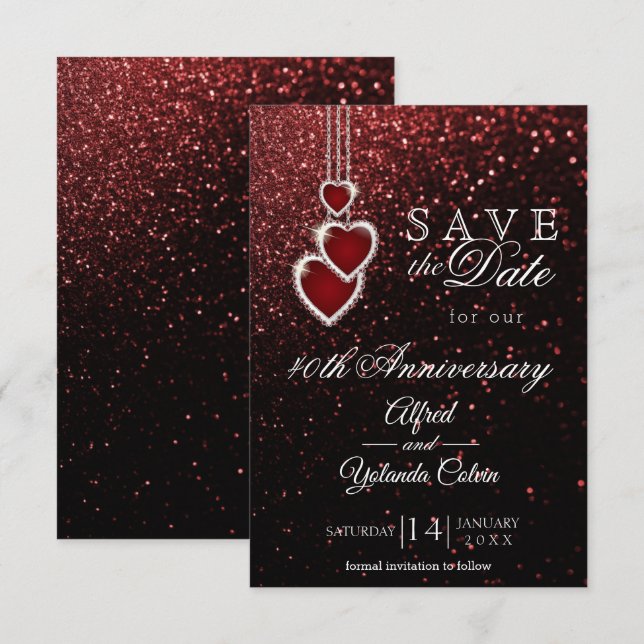 Guardar la Fecha - Invitación de Purpurina Roja (Anverso / Reverso)