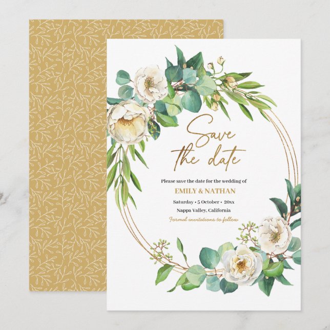 Guardar la fecha Invitación floral de oro y blanco (Anverso / Reverso)