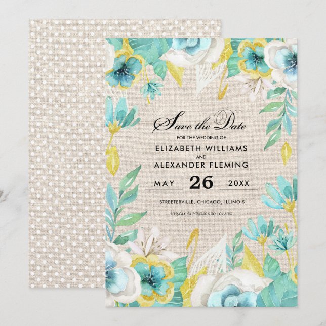 Guardar la fecha. Invitaciones de Boda floral de m (Anverso / Reverso)
