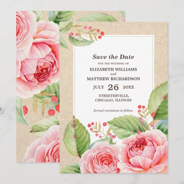 Guardar la fecha. Invitaciones de Boda floral rust (Anverso / Reverso)