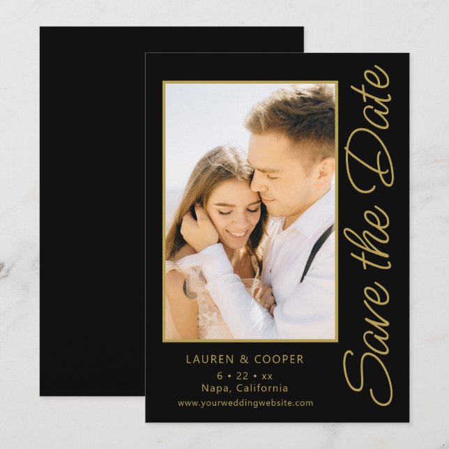 Guardar La Fecha Negro Oro Elegante Boda Moderno (Anverso / Reverso)