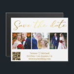 guardar la fecha oro 3 fotos qr boda de código imá<br><div class="desc">elegante guardar la fecha,  caligrafía dorada minimalista,  boda de código qr tres imanes de collage de fotos.</div>