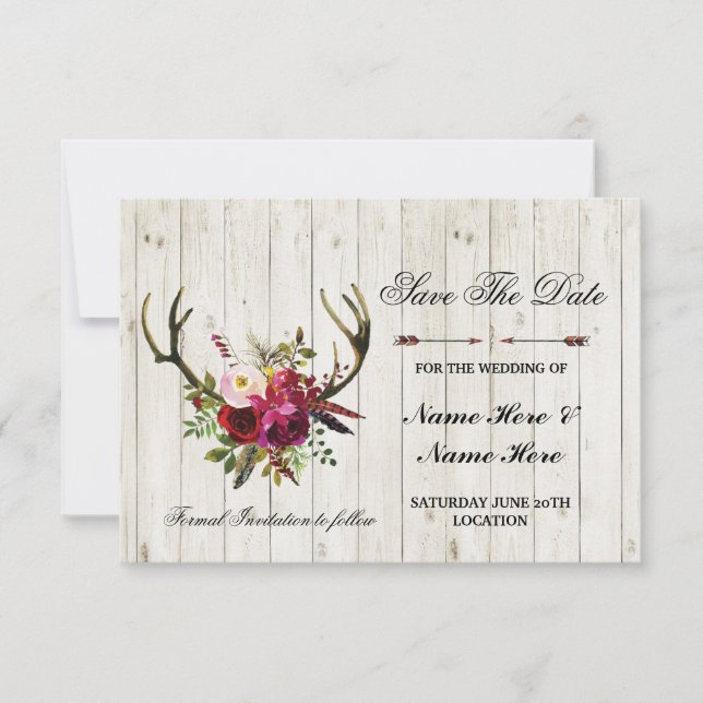 Guardar La Fecha Rústica Antlers Invitación Floral (Anverso)