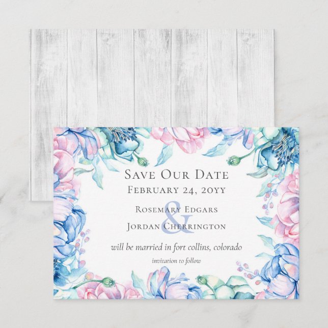 Guardar la fecha Tarjeta floral de acuarela y made (Anverso / Reverso)