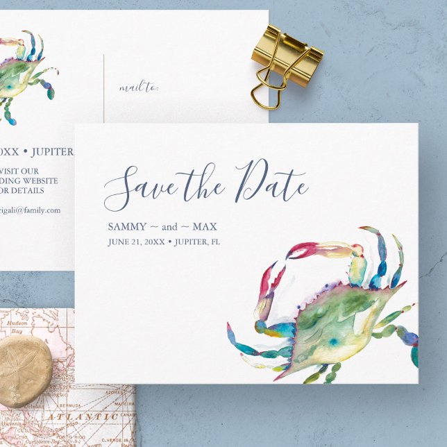 Guardar la Fecha Tarjeta Postal Cangrejo Acuarela (non photo wedding save the date invitations feature watercolor crab art by Victoria Grigaliunas)